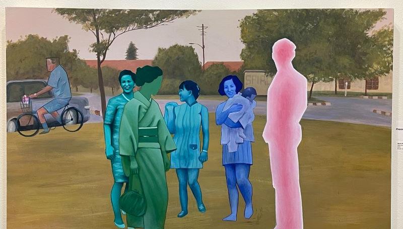 A colorful acrylic painting showing an Asian-American family in western and Japanese clothes at a park. Copyright Akemi Dietz