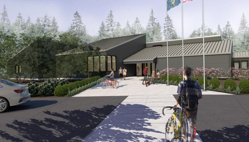 an artchitectural rendering of the Florence Center, showing students entering a sleek, modern building surrounded by flowers and trees