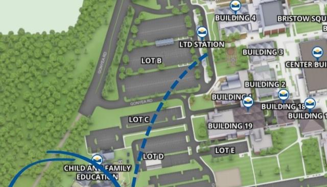 a map of campus with the learning garden circled