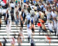 many people crossing a large crosswalk in a city illustrating the sociology program