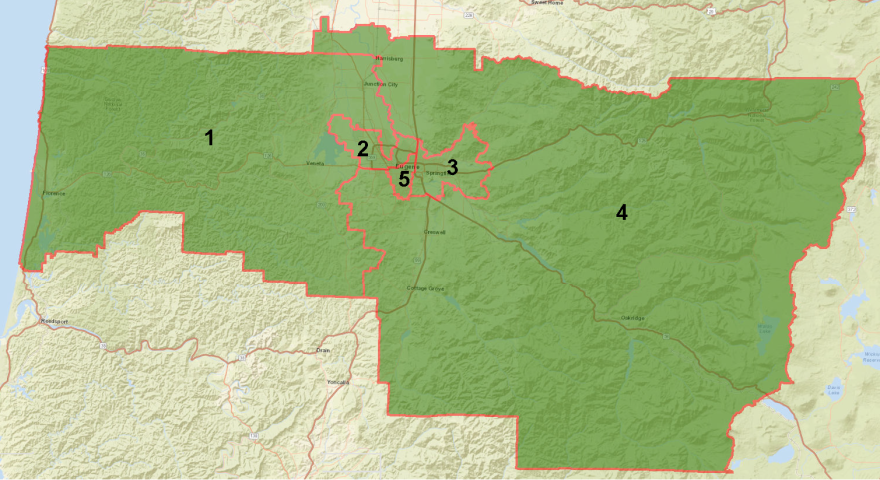 Map showing lane county board disticts. Follow the link for more detail. 